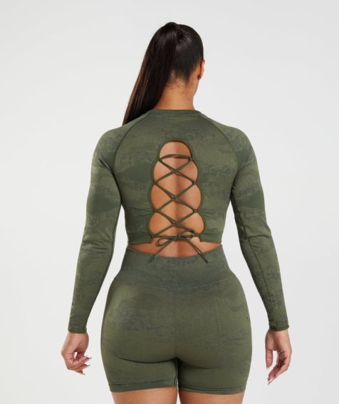 Women's Gymshark Adapt Camo Seamless Lace Up Back Top T-Shirts Olive | NZ 4YZVPT